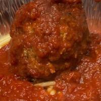 Kids Spaghetti · spaghetti topped with 1 of our juicy homemade jumbo meatballs and our marinara sauce  served...