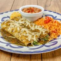 Spinach Enchiladas · Sautéed fresh spinach, pasilla chiles, onions, pico de gallo, melted jack cheese and fire-ro...