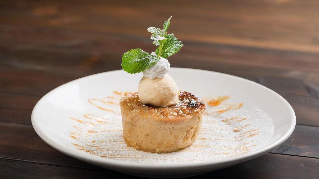 Mexican Bread Pudding · Our house made bread pudding is served warm and drizzled with caramel sauce, topped with ice cream and cinnamon whipped cream.
