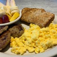 Healthy-Way Breakfast · Egg beaters with turkey sausage patties, dry toast and fruit dish.