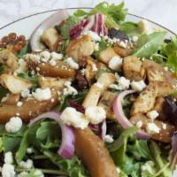 Melendez Salad · Choose spring mix or baby spinach with roasted pears, Gorgonzola, red onions, candied chipot...
