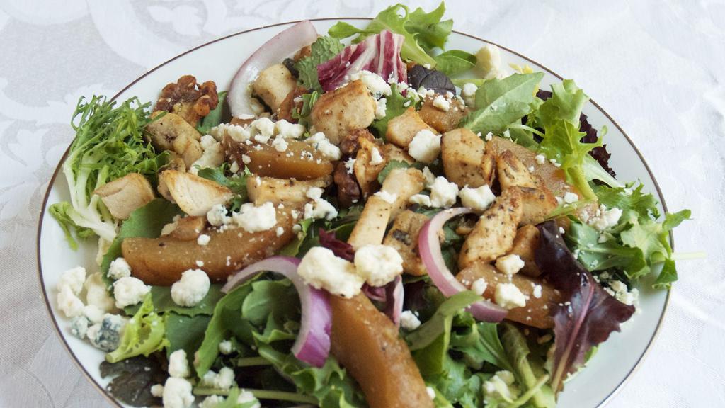 Melendez Salad · Choose spring mix or baby spinach with roasted pears, Gorgonzola, red onions, candied chipotle walnuts and raspberry balsamic.