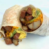 Chicken Sausage Breakfast Burrito · A massive unit of two scrambled eggs, chicken sausage, melty cheddar, home fries, avocado, o...