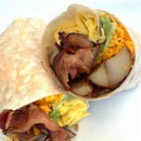Bacon & Cheddar Breakfast Burrito · A massive unit with two scrambled eggs, cheddar, melty cheddar, home fries, avocado, onion m...