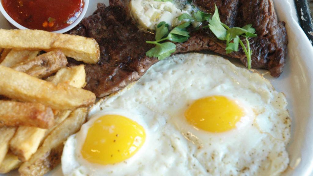 Steak & Eggs Frjtz · Two eggs any style along with our juicy 6-ounce steak and our world-famous Frjtz, along with curry ketchup.
