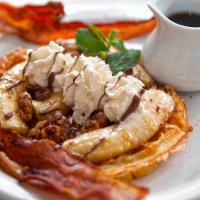 Louise Waffle · Bananas foster contains rum with Nutella, caramel, and bacon.