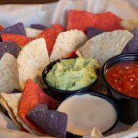 Chips And Dips Trio
 · Warm, toasted tortilla chips served with our house-made trio of salsa, beer cheese & guacamo...