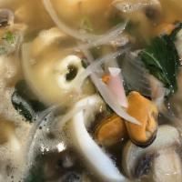 Po Teak · Spicy. Tree nut free. Gluten free. Vegetarian. Spicy and sour soup with mixed seafood, mushr...