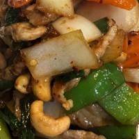 Cashew Nuts · Gluten free.  Stir fried meat with roasted chili paste, carrots, onions ,bell peppers, green...