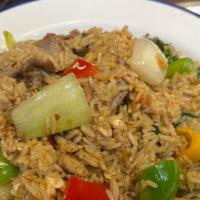 Basil Fried Rice · . Gluten free.. Fried rice with choice of meat, egg, onions, bell peppers, and Thai basil.
