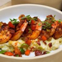 Shrimp & Grits · Bacon, peppers, green chili grits.