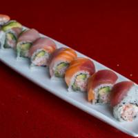 Rainbow Roll · California roll top with tuna, salmon, yellowtail, shrimp & avocado.
