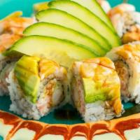 Wow Roll · Shrimp tempura, crabmeat, cucumber with shrimp & avocado on top with 4 kinds of sauce.