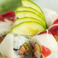 Candy Cane Roll · Salmon, crabmeat, avocado. Tuna &  white tuna on top with 2 kinds of sauce.