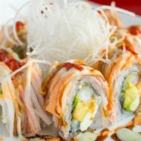 Dallas Roll · Two shrimp tempura, cream cheese, avocado wrapped with seaweed & rice. Crabstick & four diff...