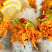 Panic Roll · Spicy tuna roll topped with spicy crabmeat & jalapeno with spicy sauce on top.