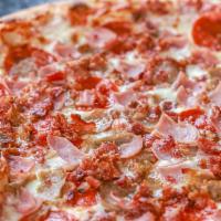 When Pigs Fly · Red sauce, mozzarella, pepperoni, sausage, ham, and bacon.