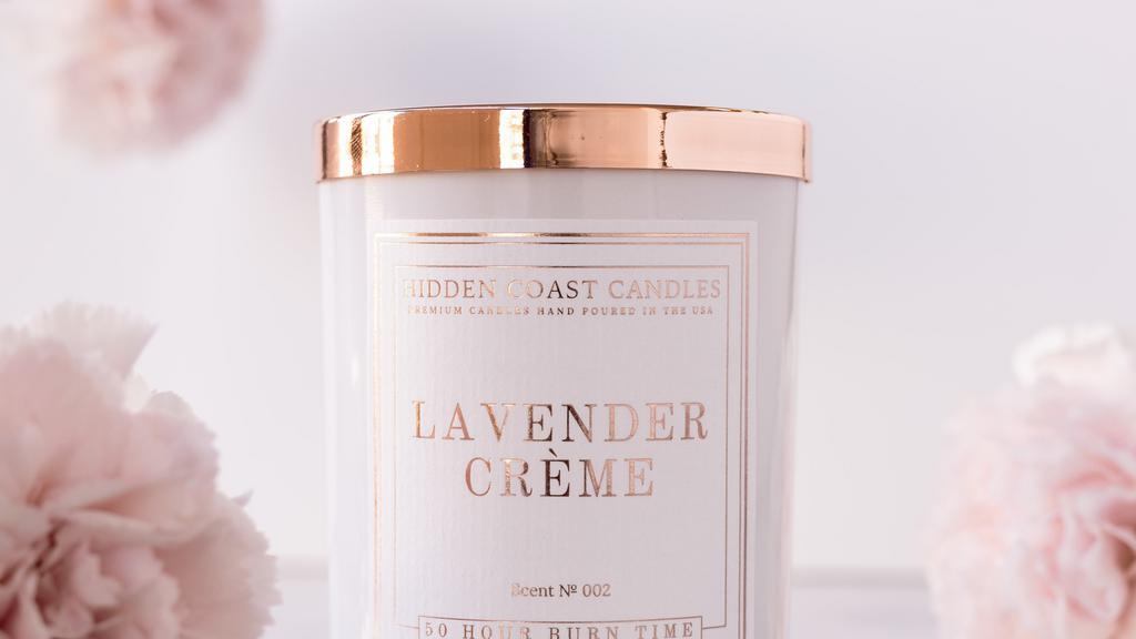 Lavender Creme  · Lavender Crème scented candle provides the unique aroma of an enchanting meadow fringed with sprigs of lavender, paired with nuances of creamy French vanilla, soy milk and a base note of nutty almond.
100%  Natural Soy Wax. 50 Hour Burn Time. Hand poured in Sab Diego, CA.
Net Wt. 7 oz (198 g)
