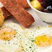 Eddie’S Two Cage Free Eggs Any Style · Choice of one meat: Applewood-Smoked Ham, Applewood-Smoked Bacon, Chicken Andouille Sausage,...
