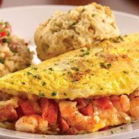 Amy’S Bayou Omelet · Blackened Shrimp, Chorizo Sausage, Tomato & Cheddar Cheese, dusted with Cajun Spice, served ...