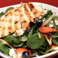 Smalltimore Spinach Salad · Grilled Chicken, Baby Spinach, Strawberries, Blueberries, Roasted Onions, Goat Cheese &
Sunf...