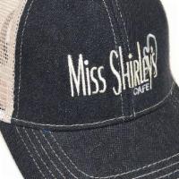 Retro Trucker Hat · Structured Black Denim/Putty Colored Cap with Miss Shirley's Cafe cream colored logo embroid...