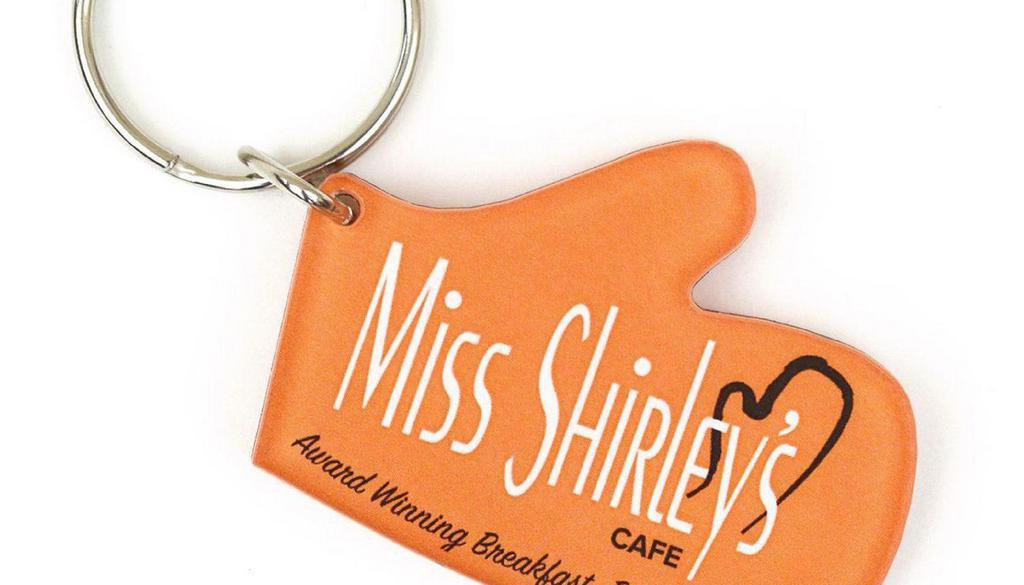 Oven Mitt Key Chain · Two-Sided Orange Acrylic Oven Mitt-Shaped Key Chain with Miss Shirley's Cafe logo