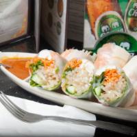 Fresh Spring Rolls (3) · Rice paper wrapper with green lettuce, cucumber, carrots, cabbage, beansprouts, special pean...
