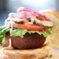 Shroom Burger · Organic Portobello Tops stuffed with muenster and cheddar, flash fried with panko crumbs, ru...