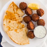 Falafel Appetizer · Vegetarian chickpea croquettes, served with tzatziki dip or hummus dip.