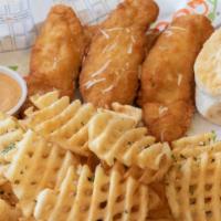 Foody Chicken Tender · Four pieces. Served with biscuit, waffle fries, and FOODY dipping sauce.