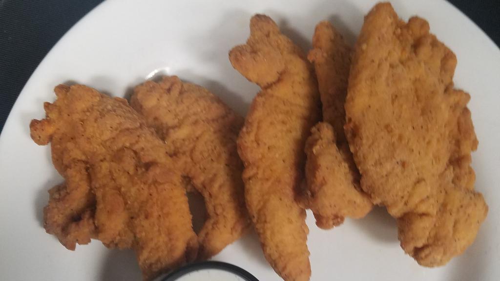 Chicken Strips · Crispy fried chicken strips with your choice of BBQ, Honey Mustard, or Ranch for a dipping sauce.