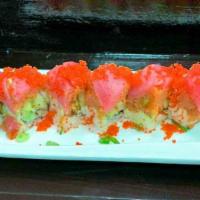 Red Dragon Roll · Spicy. Inside breaded shrimp and spicy crab meat. Outside spicy tuna, tuna, and tobiko.