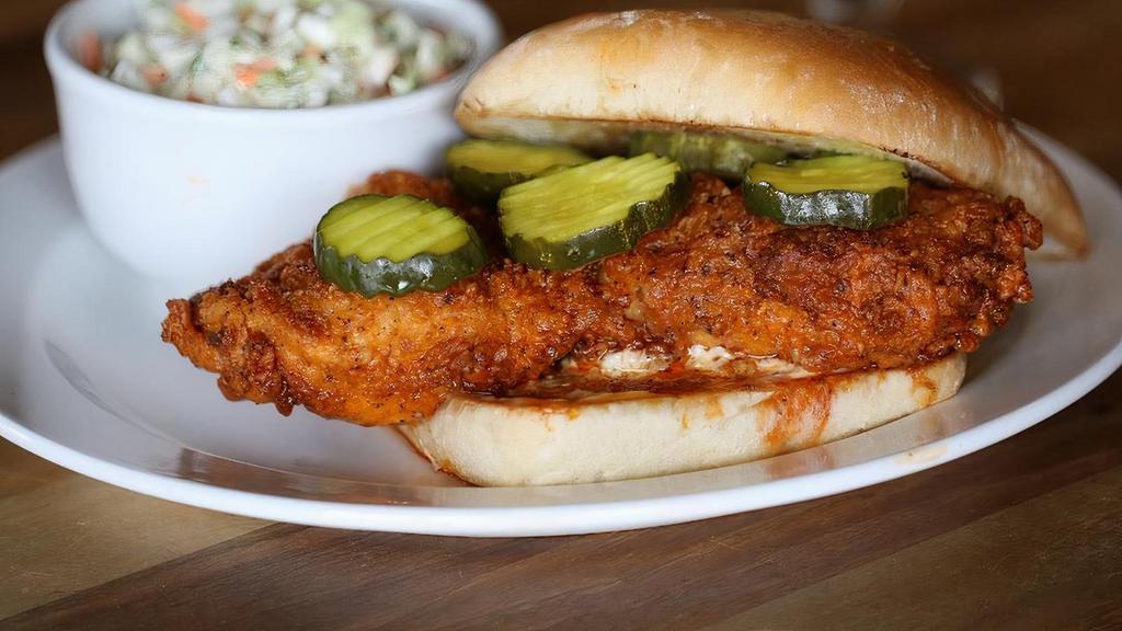 Stroud'S Spicy Hot Chicken Sandwich · Breaded, boneless chicken breast dipped in our Stroud’s Spicy Hot sauce, topped with sweet pickle and mayonnaise on a toasted ciabatta bun. Served with creamy coleslaw or your choice of sandwich side.