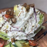 Pork Belly Wedge Salad Full · Iceberg lettuce wedge, crispy roasted Colorado pork belly pieces, heirloom cherry tomatoes, ...