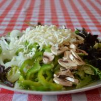 Supreme Salad · Great for sharing! Topped with cheese, onion, green pepper, mushroom, olive and mozzarella. ...