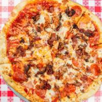 Carnivore Pizza · Eat it before it eats you! Sausage, pepperoni, hamburger, Canadian bacon, bacon, marinara an...