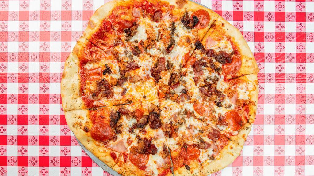Carnivore Pizza · Eat it before it eats you! Sausage, pepperoni, hamburger, Canadian bacon, bacon, marinara and four cheese blend.