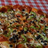 Supreme Pizza · Sausage, pepperoni, olive, green pepper, mushroom, onion, marinara and four cheese blend.