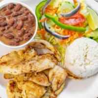 Pechuga A La Plancha · Grilled chicken breast (rice, beans, one tortilla and salad).