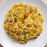 Shirin (Jeweled Rice) · Basmati rice with almonds, pistachios, and orange peel