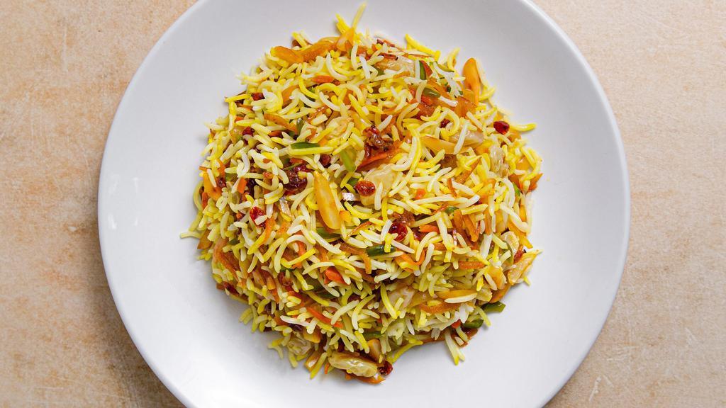 Shirin (Jeweled Rice) · Basmati rice with almonds, pistachios, and orange peel