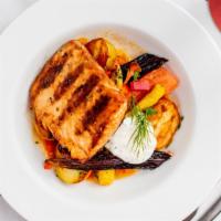 Grilled Salmon · Fingerling Potatoes, Roasted Carrots, Lobster Broth, Dill Yogurt