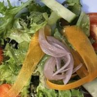House Salad · Arcadia Mix Greens, Tomatoes, Cucumber, . Red Onion, Carrots, Red Wine Vinegar