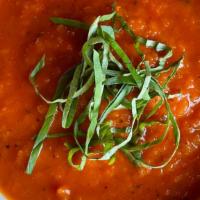 Tomato Basil · Roasted ripe plum-tomato with carrots, fresh basil, a touch of cream and chicken broth.