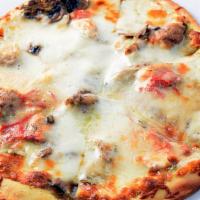 Athena'S Pizza · Our gourmet thin crust topped with tomato-herb sauce, artichoke hearts, olives, sun-dried to...