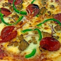 Zeus' Pizza · Tomato-herb sauce, Pepperoni, red onion, Italian sausage, green pepper, Mozzarella