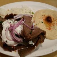 Make Own Gyro Plate · Gyro Meat, Choice Of Feta Salad Or Lentil Soup, Or Chicken Lemon Soup Plus 3 Sides Topped Wi...