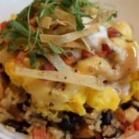 Breakfast Burrito Bowl · Cheesy scrambled eggs, bacon fried rice, black beans, pepper jack cheese, pico de gallo, sou...