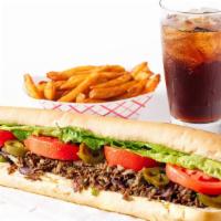 Philly Cheese Steak With Fries & Can Soda · Served with mayo, ketchup, salt, pepper and grilled onions.